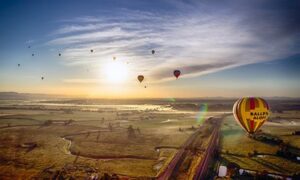 Balloons in the early morning light over the countryside