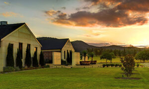 Sun setting over mountains behind Margan Wine