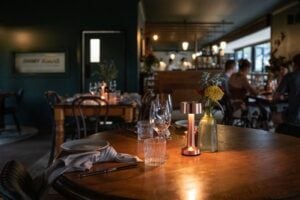 Dimly lit restaurant interior at Jimmy Joans