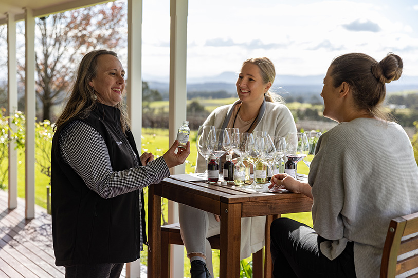 People drinking wine around an outdoor table