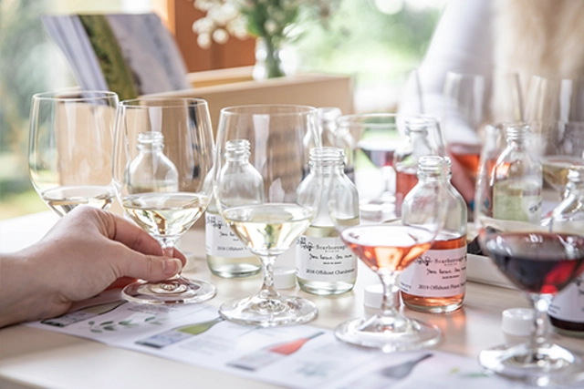 Wine glasses with Scarborough wine on a table