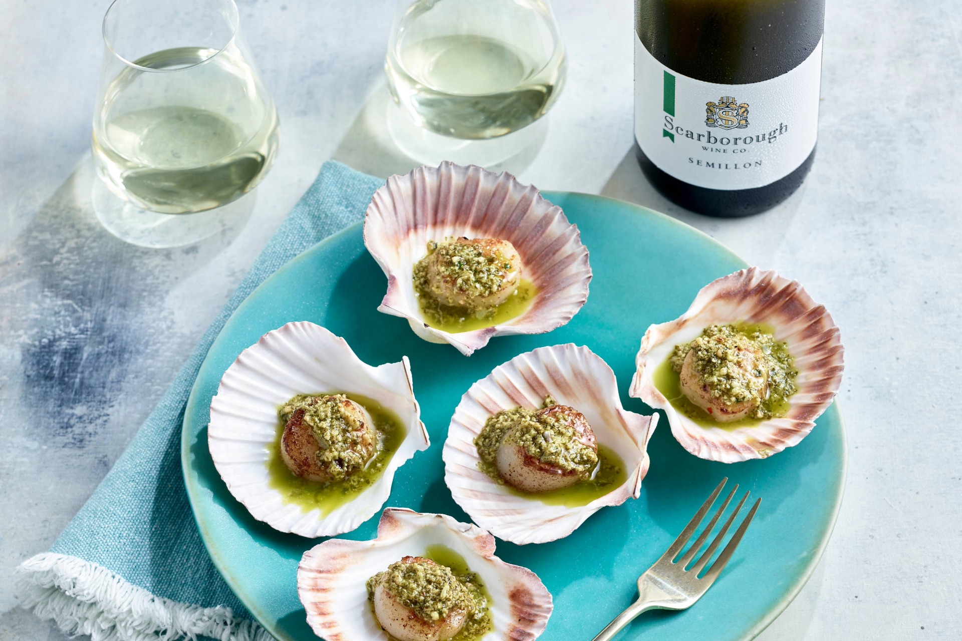 Removing Roe Scallops with Hazelnut and Coriander Butter with Green Label Semillon ...